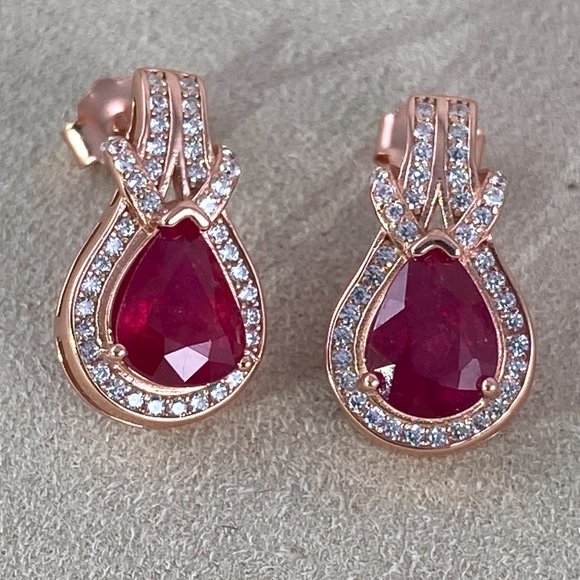 Extra Nice Pear Cut 9x7mm Red Ruby and small CZ Stud Earrings - Picture 2 of 5